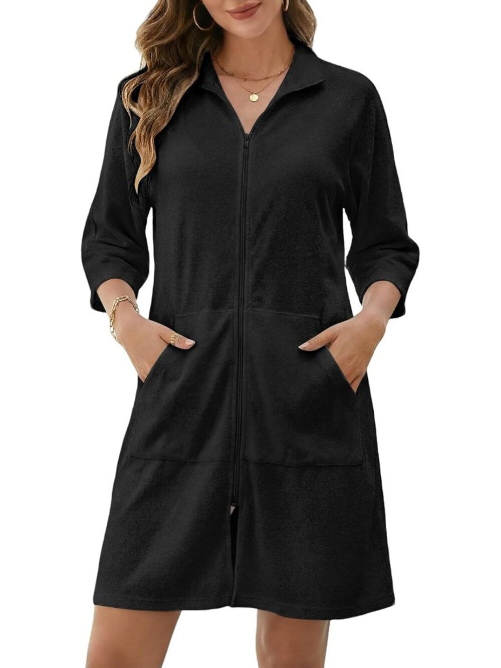 Chic 3/4 Sleeve Zip Terry Cloth Swim Cover-Up for Women - Stylish Beachwear